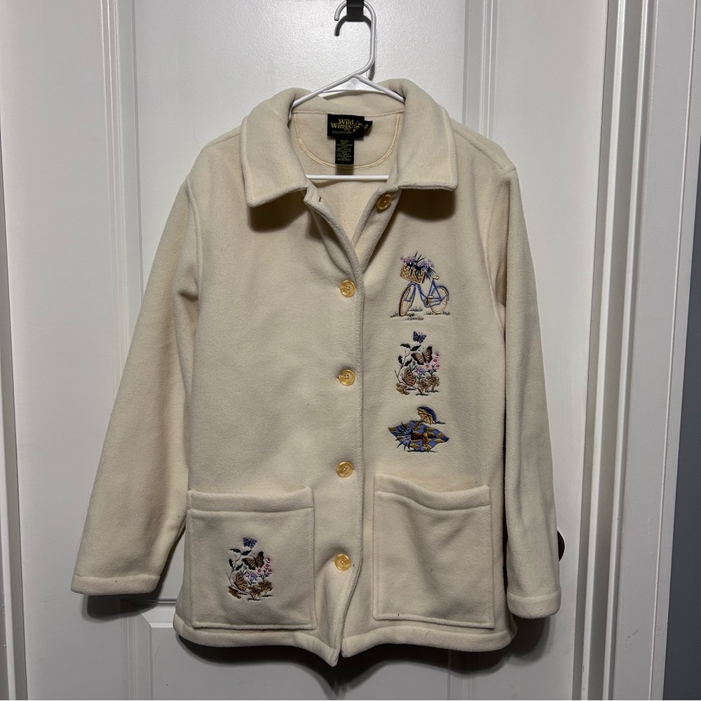 Wild Wings Collection Vintage Cream Embroidered Summer Nature Fleece Coat